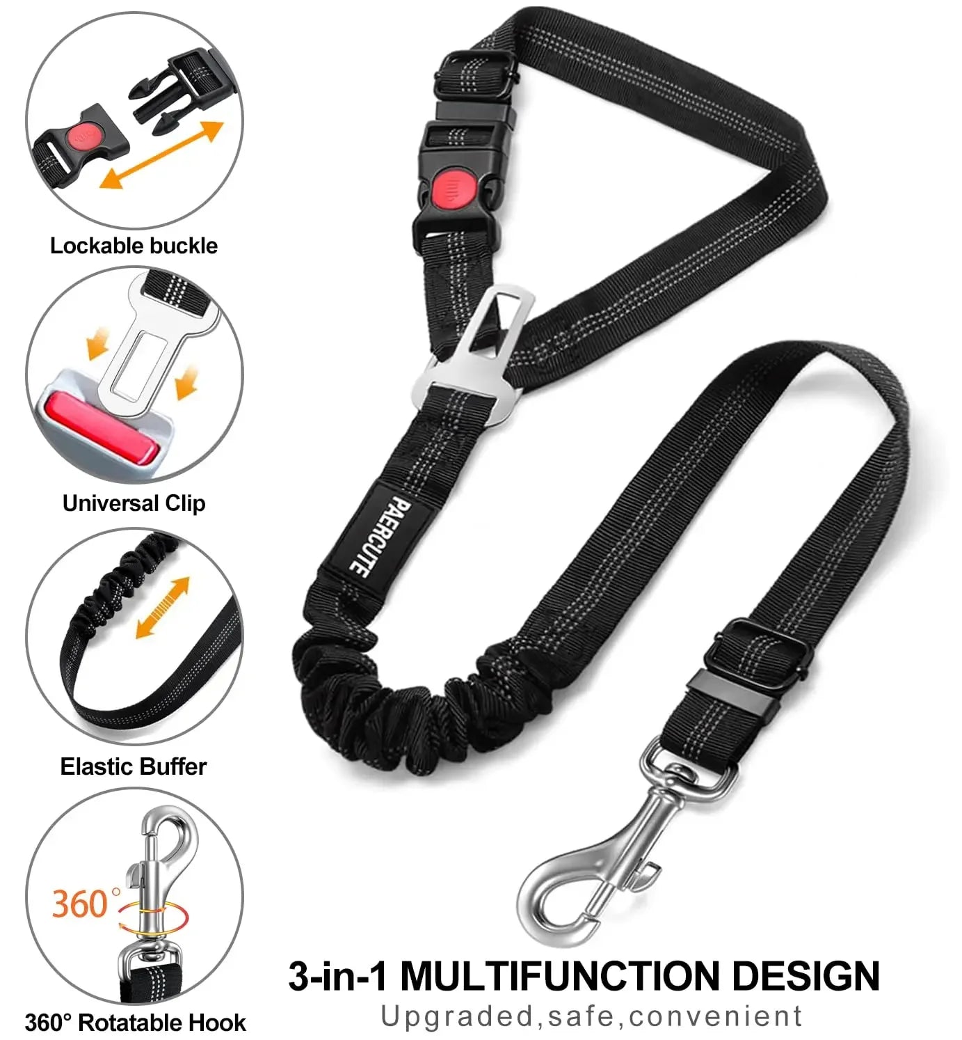 No-Tangle Pet Car Safety Tether – Heavy-Duty Adjustable Seat Belt with Shock-Absorbing Bungee for Dogs & Cats