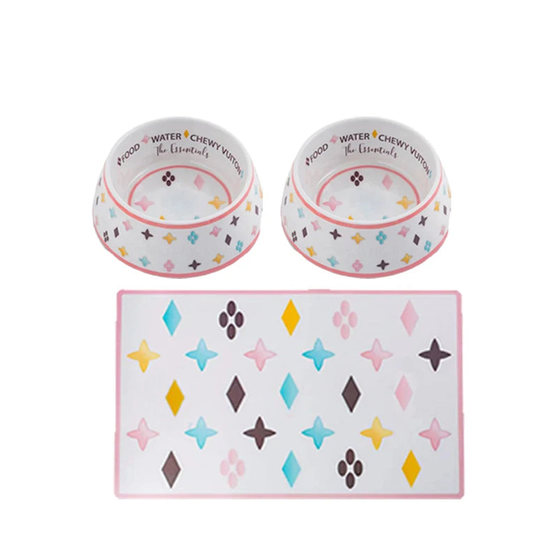 Luxury Stainless Steel Dog & Cat Bowls – Non-Slip Designer Feeder Set with Matching Silicone Mat