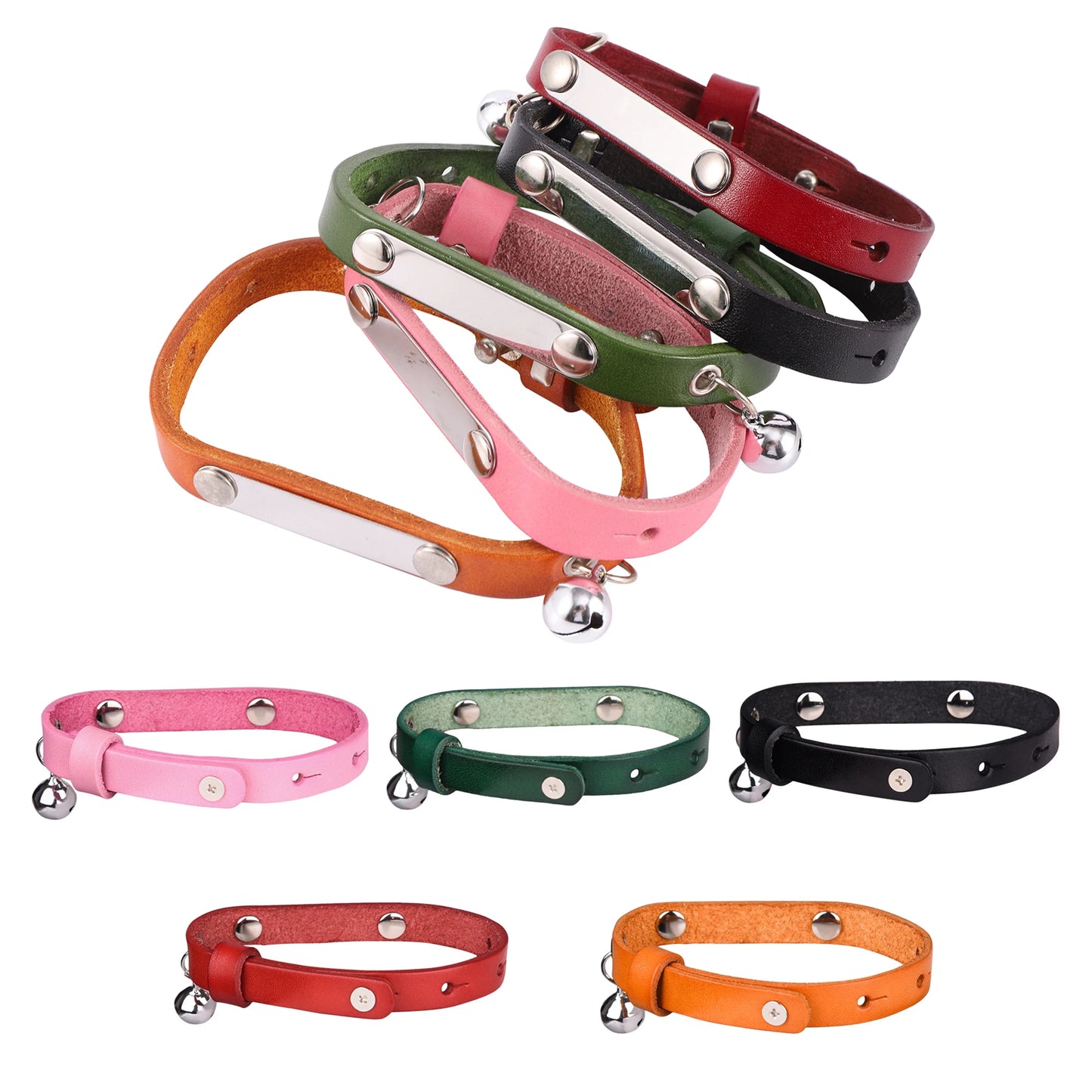 Personalized Genuine Leather Cat Collar – Adjustable Anti-Loss DIY Nameplate & Bell for Kittens & Cats