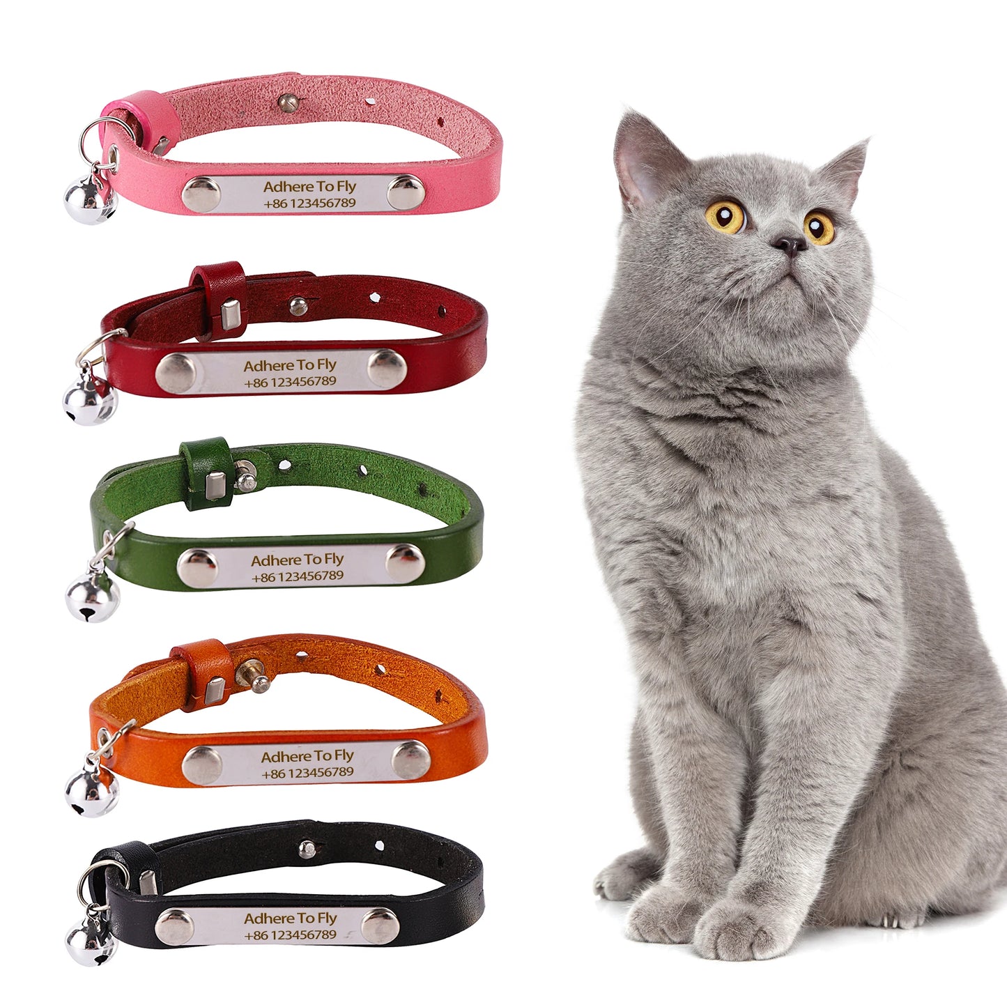 Personalized Genuine Leather Cat Collar – Adjustable Anti-Loss DIY Nameplate & Bell for Kittens & Cats