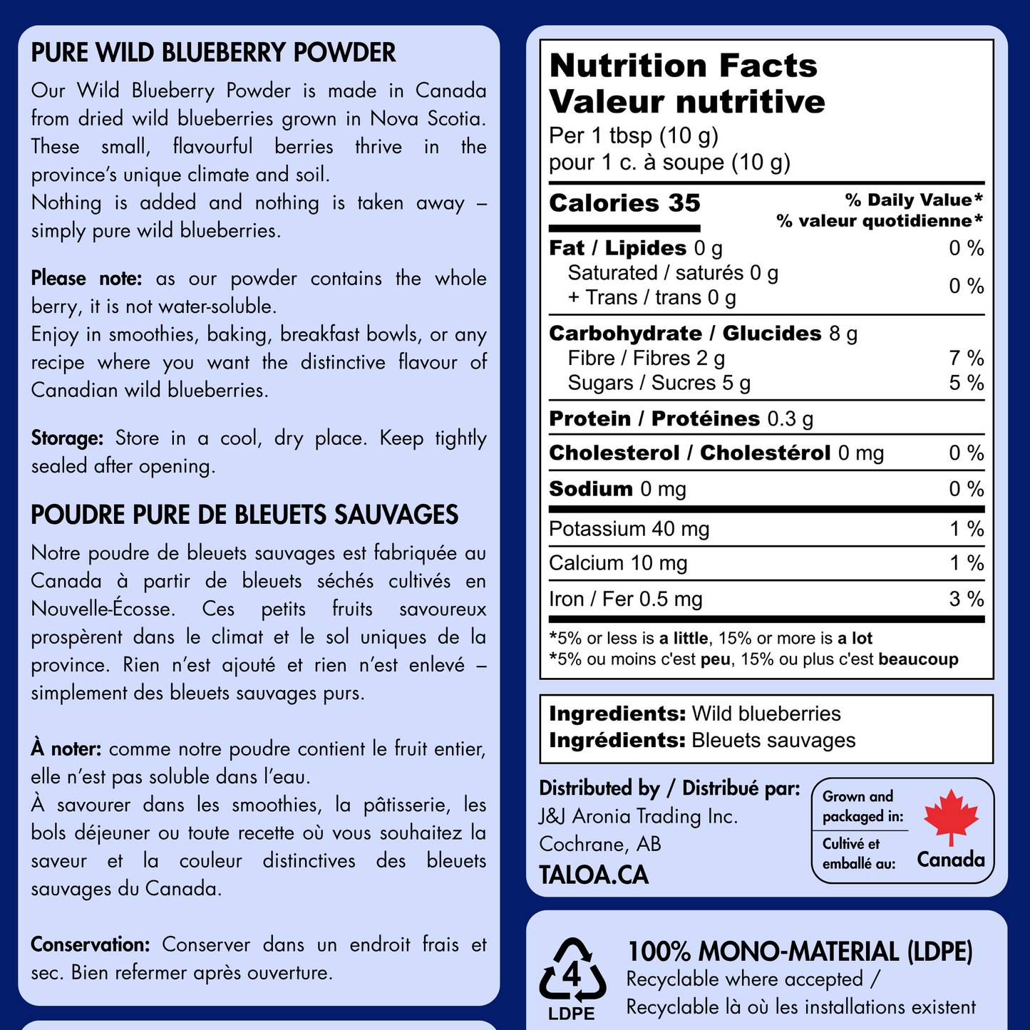 Wild Blueberry Powder 150 g - Made in Canada